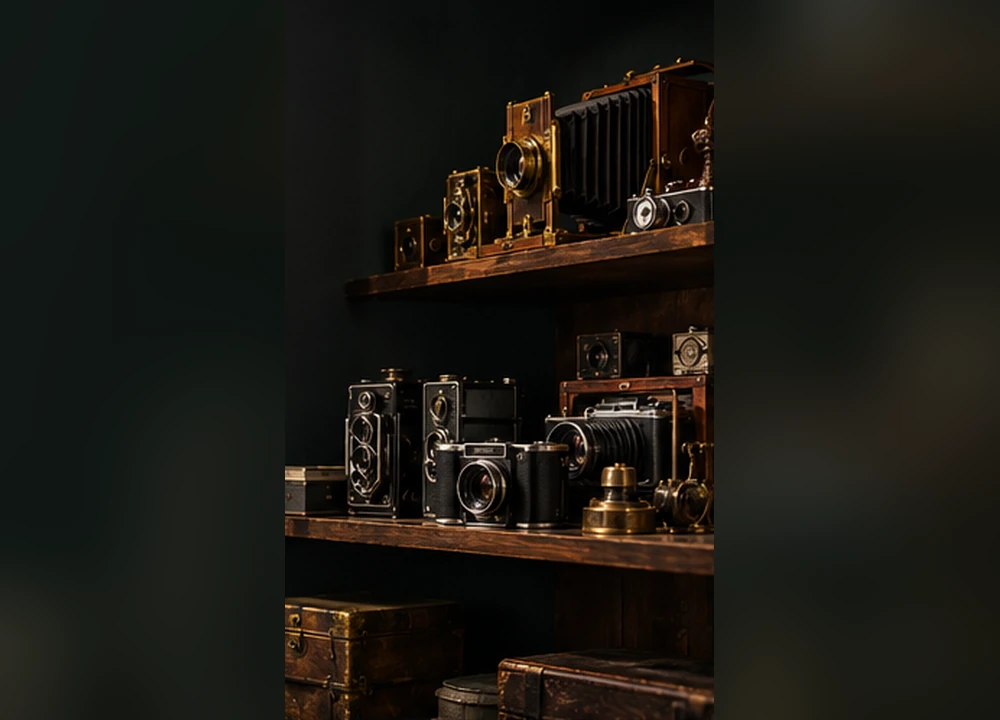 Editorial illustration representing Antique & early cameras