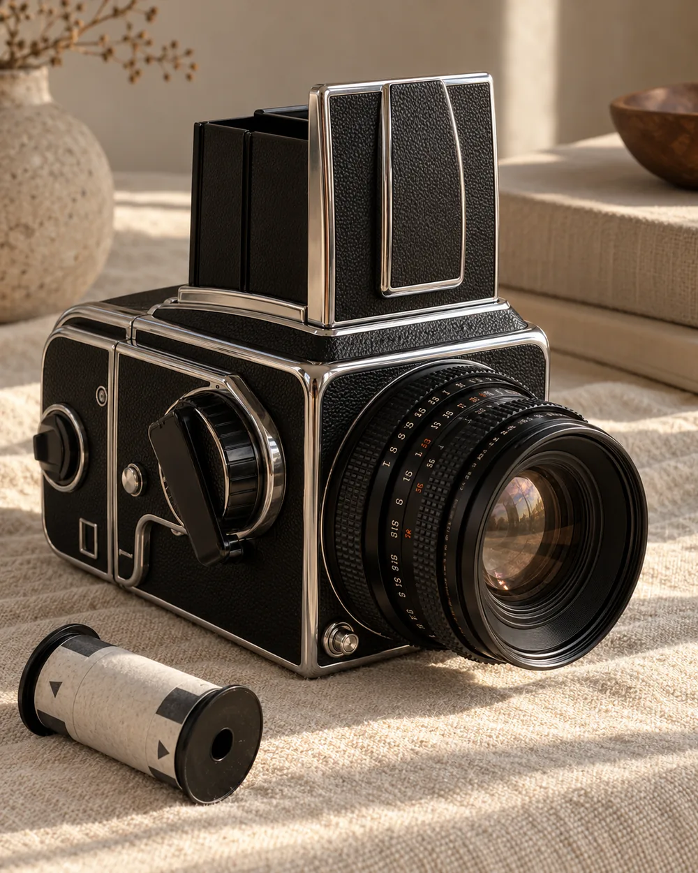 AI-generated editorial illustration inspired by Hasselblad 500C/M style medium-format camera; not an authenticated model or sale-listing photo