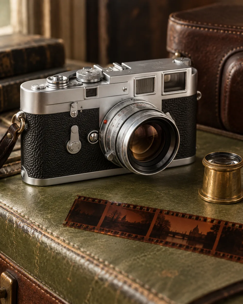AI-generated editorial illustration inspired by Leica M3 style rangefinder; not an authenticated model or sale-listing photo