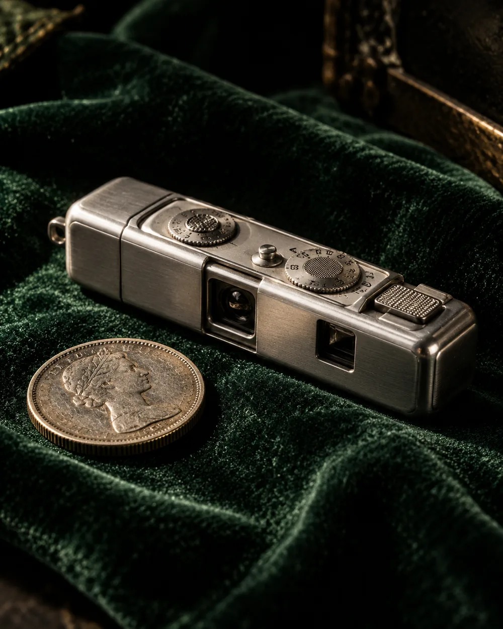 AI-generated editorial illustration inspired by Minox B style subminiature camera; not an authenticated model or sale-listing photo