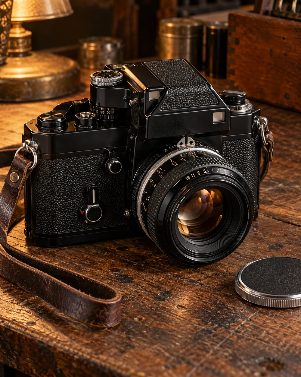 AI-generated editorial illustration of vintage classic 35mm slrs cameras