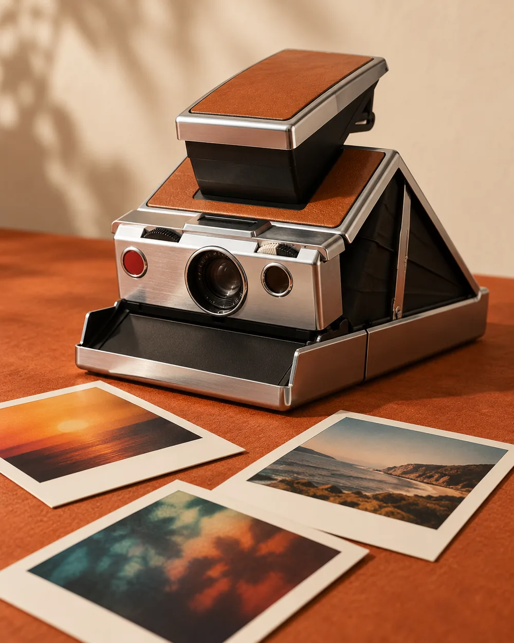 AI-generated editorial illustration inspired by Polaroid SX-70 style folding instant camera; not an authenticated model or sale-listing photo