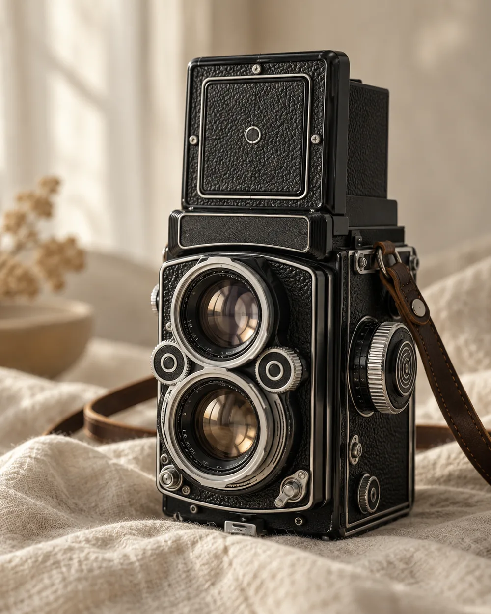 AI-generated editorial illustration inspired by Rolleiflex 2.8F style twin-lens reflex; not an authenticated model or sale-listing photo