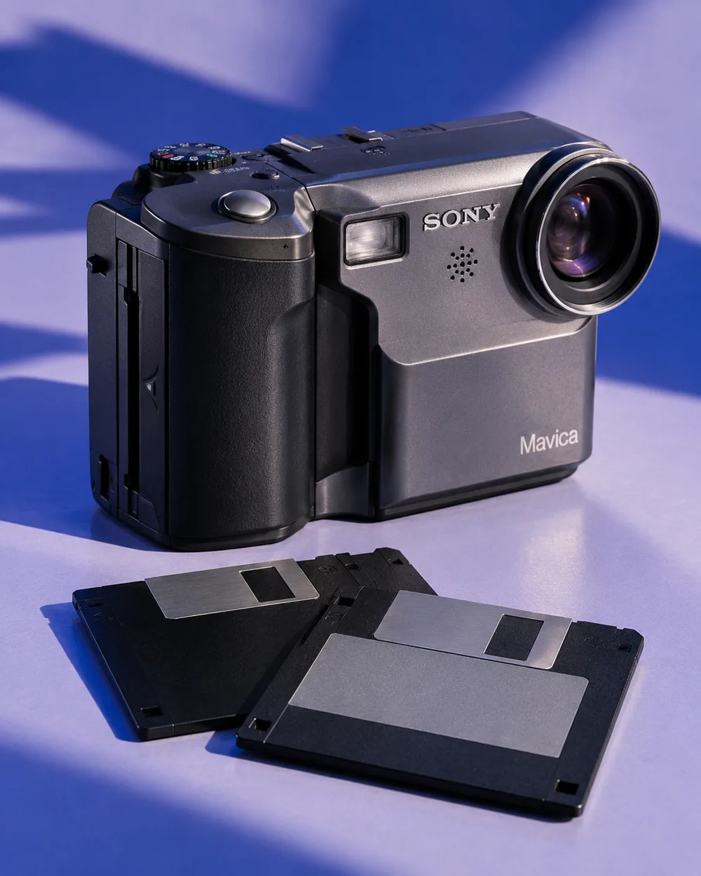 AI-generated editorial illustration inspired by Sony Mavica MVC-FD5 style early digital camera; not an authenticated model or sale-listing photo