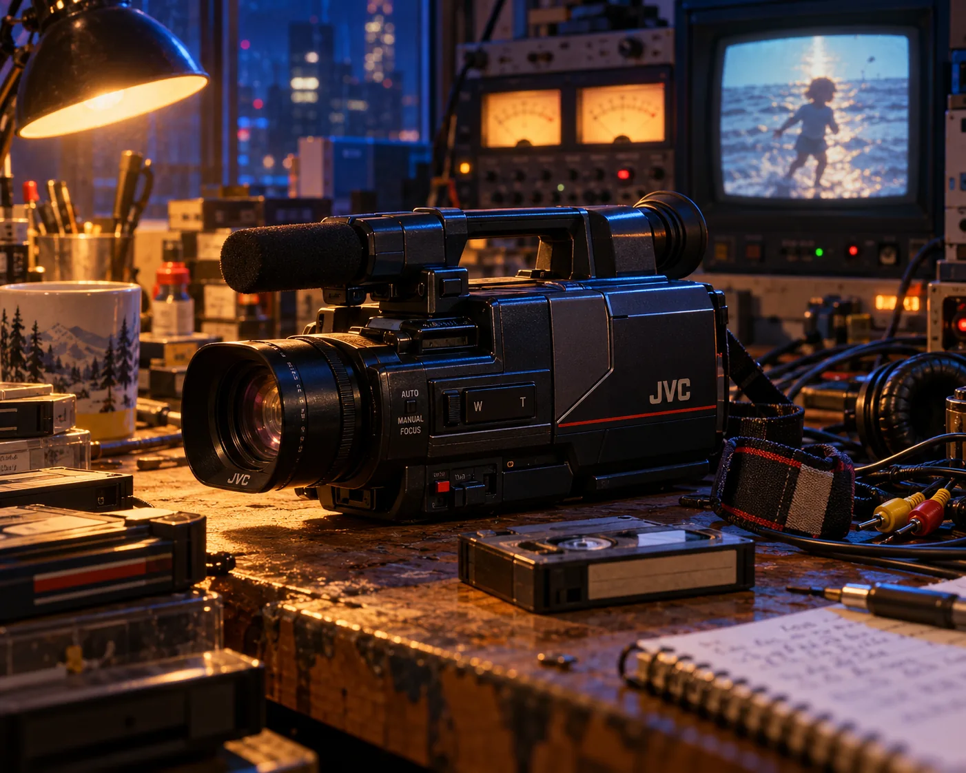 Illustrative 1980s VHS-C camcorder on a workbench