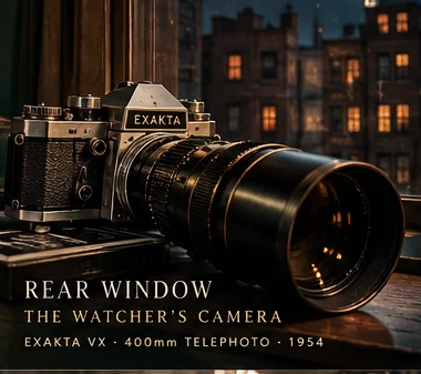 AI-generated editorial illustration linked to Rear Window; not original documentary image or authenticated hardware photo