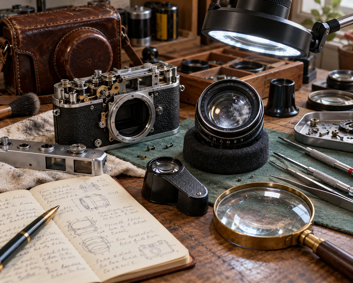 Illustrative vintage camera inspection setup