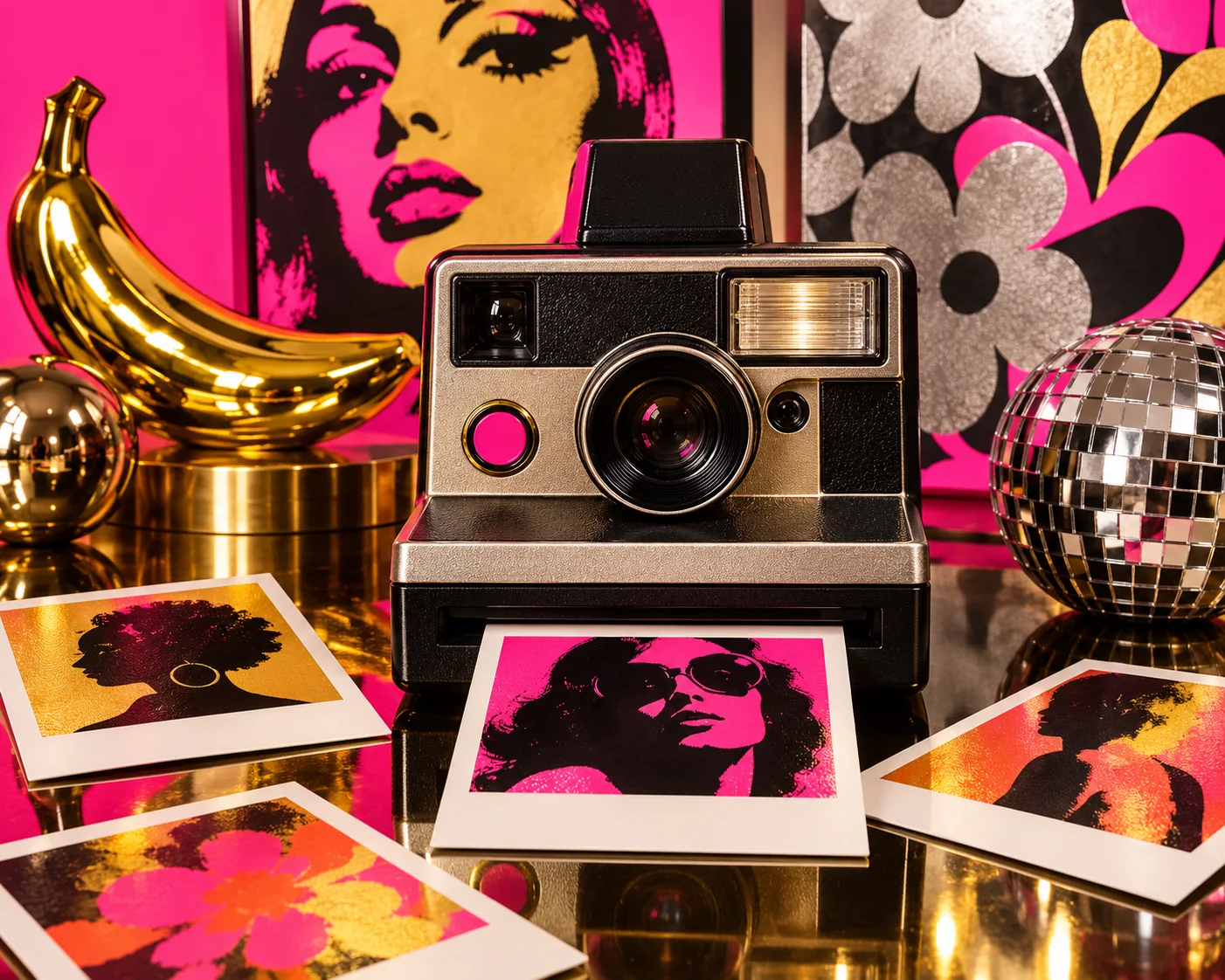 Illustrative Warhol-inspired instant camera scene